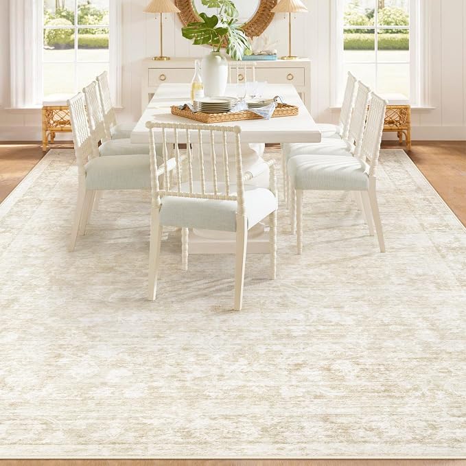 8x10 Area Rugs for Living Room: Washable Large Vintage Floral Rug Low Pile Non-Slip Boho Carpet for Bedroom Dining Home Office (Beige, 8'x10')
