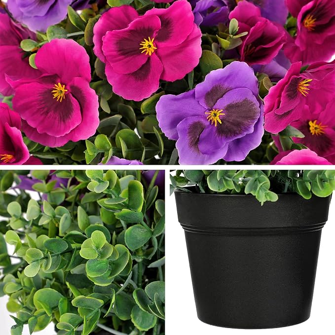 Briful Pansy Artificial Flowers, 13.7’’ Realistic Faux Pansy Flower in Black Pot, Fuchsia Fake Flowers for Indoor Outdoor Decor, Farmhouse Table Decor, All Seasons Flowers for Home Dining Porch Décor