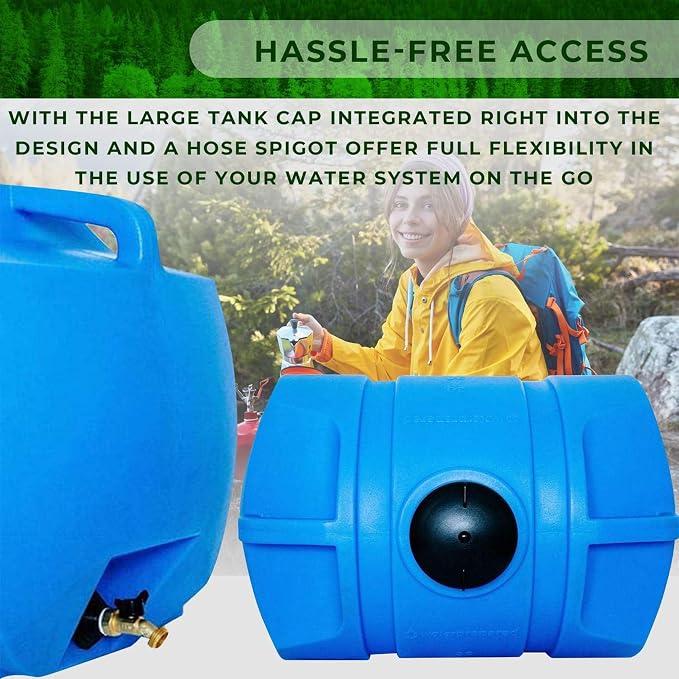 WaterPrepared Portable Water Tank, Plastic Handle & Hose Spigot, 35 Gallon, Blue - Heavy-Duty Beverage and Hydration Dispenser for Outdoor and Camping Trip