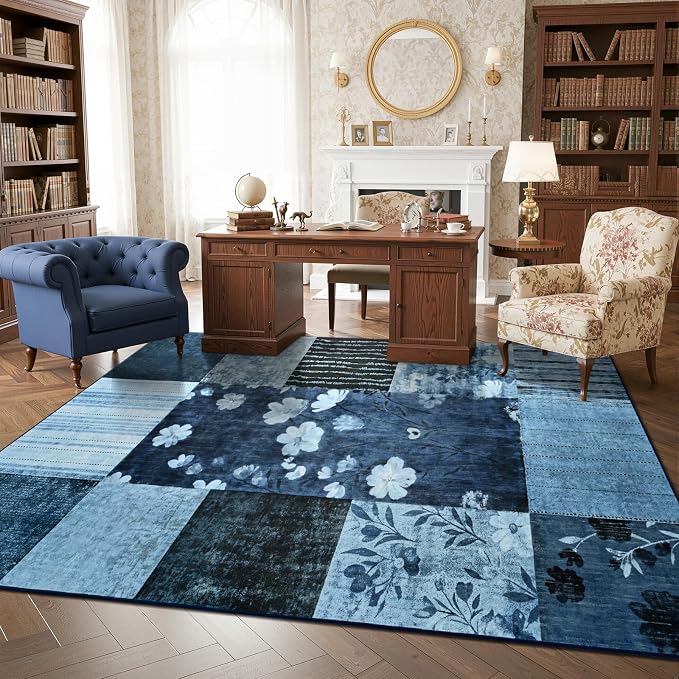 DweIke Floral Rugs for Living Room, 6x9 Washable Area Rug for Dining Room Farmhouse Office Bedroom Decor, Geometric Patchwork Stain Resistant Low Pile Indoor Floor Throw Rugs, Navy Blue