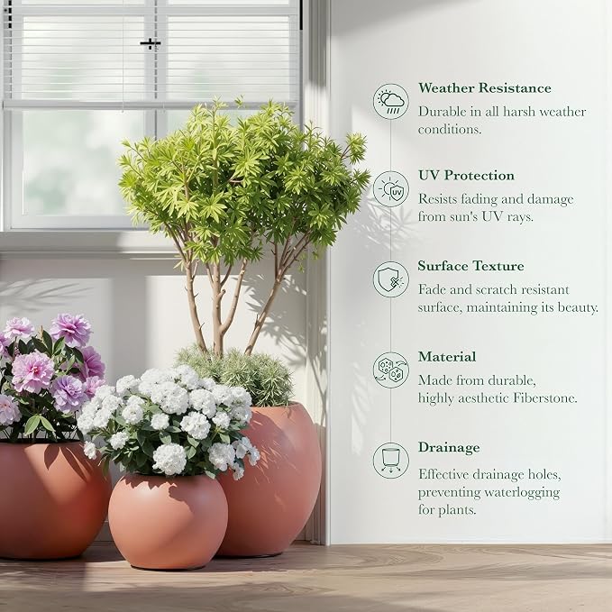 DTY Premium Mt Sherman Fiberstone Sphere Planter for Indoor Outdoor Use, Round Pot for Olive Tree, Lightweight, Smooth Finishes. 2 Coco Mats. Terracotta, Medium 16.1'' D x 13.6'' H. 11.8” Pot Opening