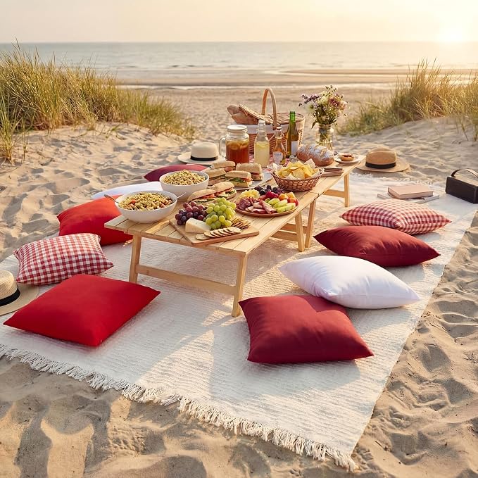 Yuntau Large Outdoor Boho Picnic Blanket with Table Runner 8 Pink White Red Pillows Covers No Pillow Summer Picnic Decor for Camp Birthday Party Bridal Shower Outdoor Backyard Garden(Red)