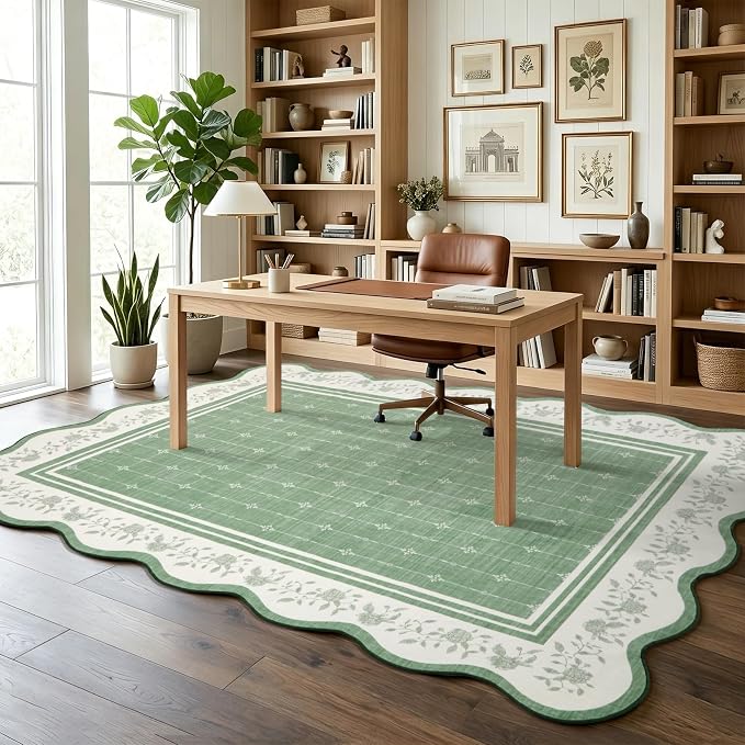 Garvee Scollaped Rugs for Living Room 5x7 Area Rugs for Bedroom Soft Green | Non-Slip Low Pile Neutral Kids Rug Non-Shedding Bordered Nursery Carpet Foldable Thin Mat for Dining Room Kitchen Playroom