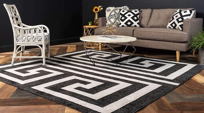 Unique Loom Athens Collection Classic Geometric Modern Border Design Area Rug (8' 0 x 8' 0 Square, Black/ Beige)