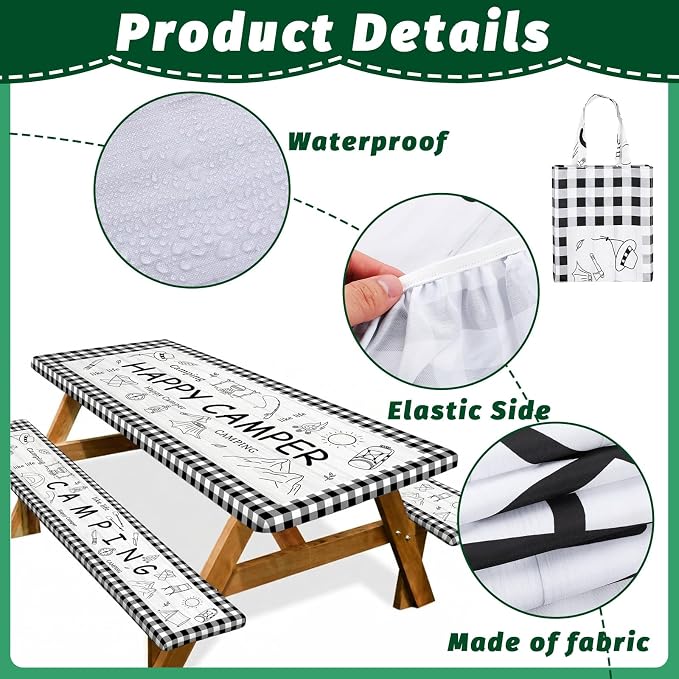 Picnic Table Cover with Bench Covers Elastic Edges Outdoor Camping Essentials 4 Pcs Plaid Waterproof Oil-Proof Tablecloth with Handbag for RV Accessories Farmhouse Camping Rustic Party Decor 72 IN