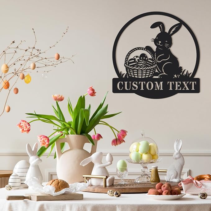 Personalized Easter Bunny Metal Wall Art with Custom Text, Easter Rabbit with Eggs Sign for Front Door, Farmhouse Spring Easter Decoration