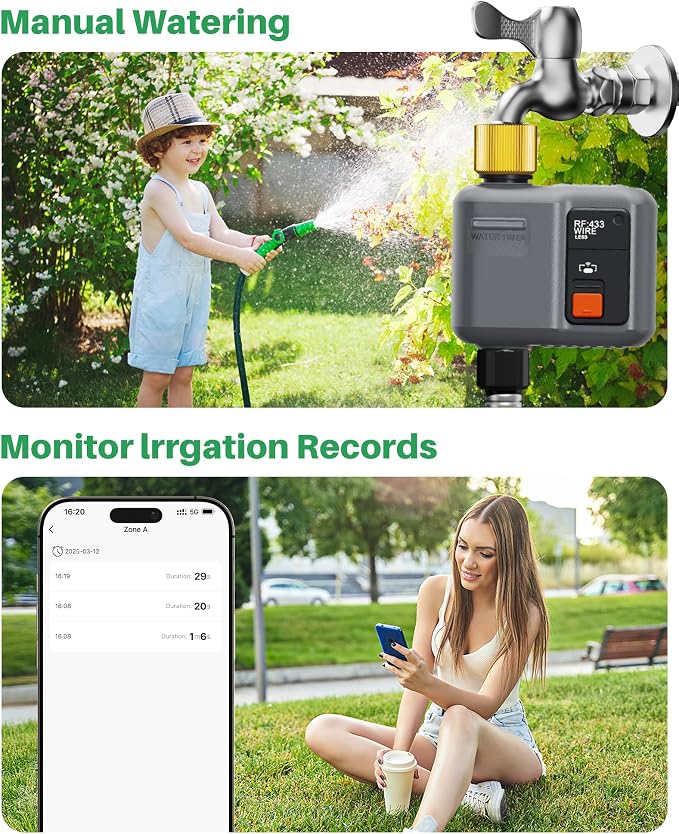 WiFi Water Timer for Garden Hose, WiFi Sprinkler Controller with 984ft RF Range, Strong Wall Penetration, Alexa & Google Voice/App Control WiFi Hose Timer with Rain Delay, Manual Mode