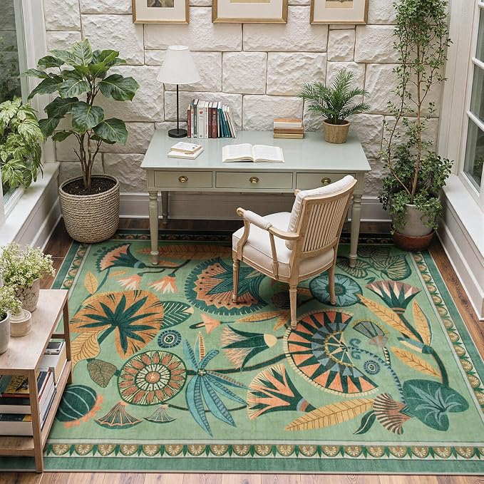 Zealude 5x7 Floral Rug, Green Rug for Living Room, Washable Low Pile Bedroom Rugs, Non Slip Throw Rugs with Rubber Backing, Soft Carpet for Dining Room Home Office Playroom