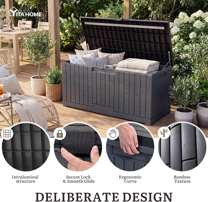 YITAHOME Large Deck Box 120 Gallon Resin Outdoor Storage Box with Slide-Locking Lid, Patio Storage Bin Bench Seat for Outdoor Pillows, Garden Tools and Pool Supplies, Waterproof Lockable, Dark Gray