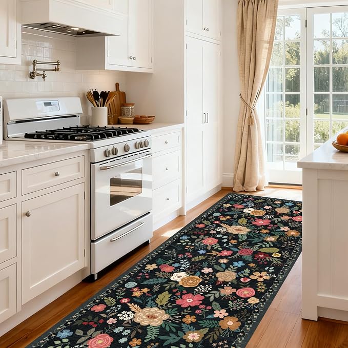 Washable 2' x 6' Runners for Hallways, Non Slip Long Floor Runner for Kitchen, Entryway Indoor, Stain Resistant Rubber Backing Floral Decor Rug (Black)