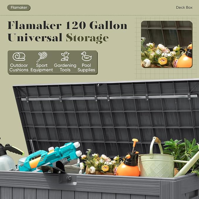 Flamaker Resin Deck Box 120 Gallon Waterproof Large Outdoor Indoor Storage Box Imitation Wood Resin for Patio Furniture Garden Tools and Pool (Gray)