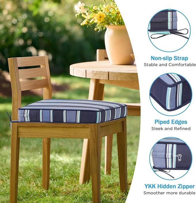 19 x 19 Inch Outdoor Chair Cushions with Tie Straps, Set of 4 Thick Water Repellent Square Patio Chair Pads for Garden Lawn Patio Furniture, Navy Blue Stripe