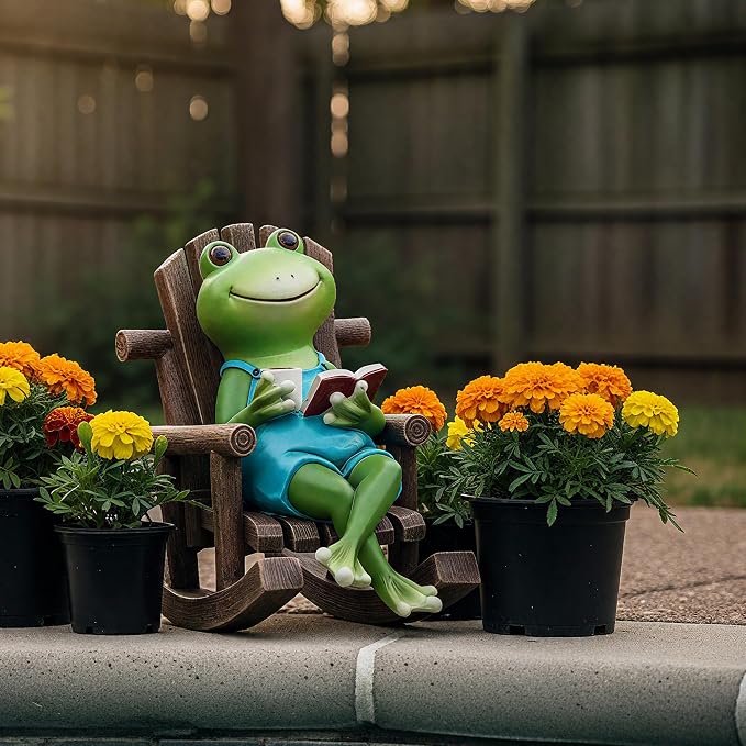 Flytime Frog Garden Decor, Outdoor Garden Statue,Frog on Rocking Chair,Suitable for Indoor and Outdoor Patios, Gardens, Flowers, and Lawns, A Whimsical Decoration(Coffee)