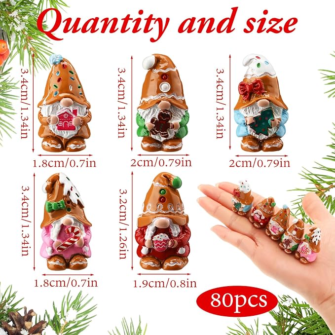 80 Pcs Gingerbread Man Mini Resin Gnomes Gingerbread Man Miniature Gnomes Figurines Tiny Resin Statues Xmas Table Centerpieces for Patio Garden Ornament to Hide