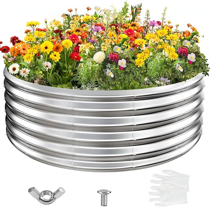 YSEJOMP 17" Tall Round Outdoor Garden Raised Garden Bed Kits-0.8MM Thick Metal Raised Planter Bed/Ground Planter Box for Variety of Flowers,Herbs,Vegetables,Trees (Silver, 48 Dia X 16.5inches)