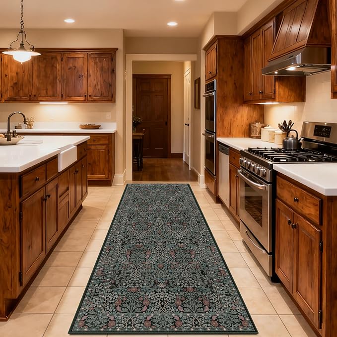 Washable 2'6" x 10' Runners for Hallways, Non Slip Long Floor Runner for Kitchen, Entryway Indoor, Stain Resistant Rubber Backing Floral Décor Rug (Dark Green)