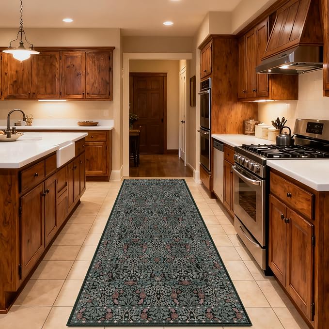 Washable 2' x 6' Runners for Hallways, Non Slip Long Floor Runner for Kitchen, Entryway Indoor, Stain Resistant Rubber Backing Floral Decor Rug (Dark Green)