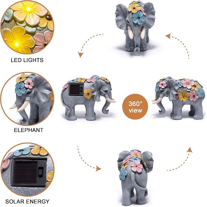 basen Solar Elephant Garden Statue Outdoor Resin Elephant Decor with Lighted Flower Accents, Solar Powered Animal Figurine for Patio Yard Lawn Porch Backyard Gifts for Women