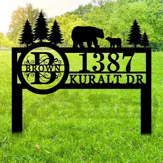 Custom Bear Wildlife Decor, House Number Signs with Metal Stake, Personalized Street Sign, Custom Yard Address Signs, House Address Numbers for Lawn Garden Ground, Housewarming Present