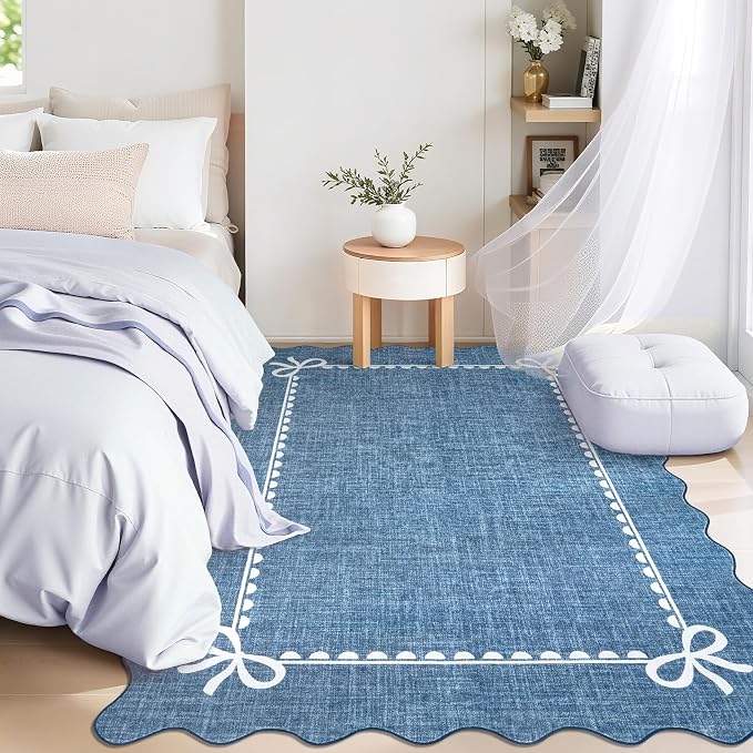 GarveeHome Scalloped Bow Rug 3x5 Washable Rugs for Living Room, Dark Blue | Non Slip Soft Low Pile Indoor Carpet for Nursery Girls Bedroom Decor Hallway Kids Room College Dorm Playroom