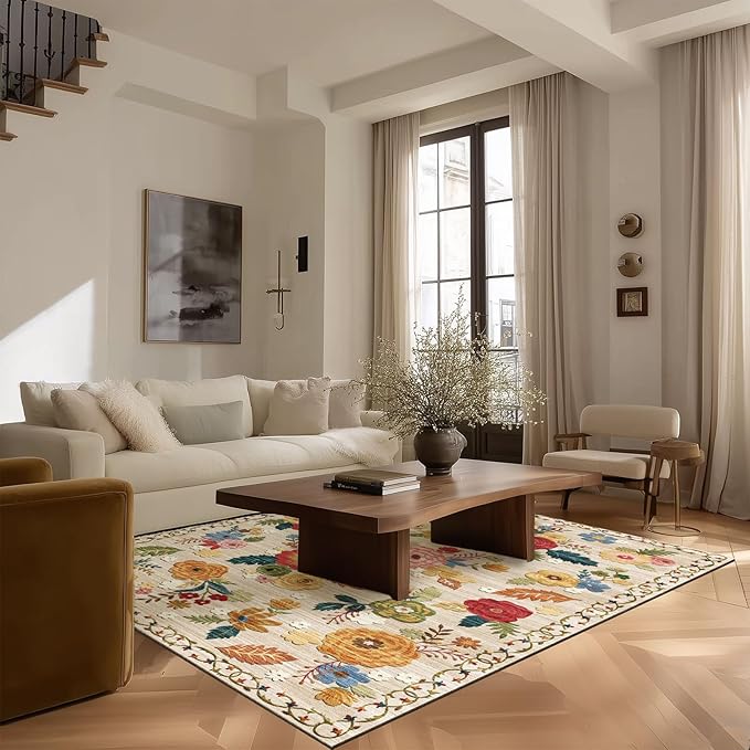 4x6 Washable Area Rugs for Bedroom: Small Living Room Rug with Non Slip Backing Low Pile Soft Faux Wool Distressed Vintage Floral Throw Rugs for Kitchen Entryway Office Nursery Entrance Enytry Indoor