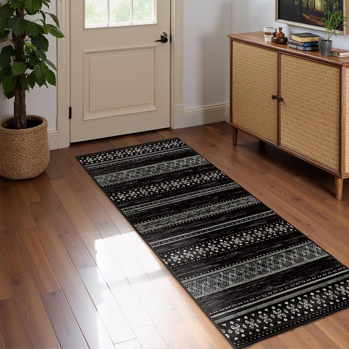 2x8 Washable Area Rugs for Living Room Boho Runner Rug Black/White | Vacuum Friendly, Machine Washable, Non-Slip Rug, Stain Resistant, Moroccan Geometric, Low Pile Carpet, Hallway Kitchen