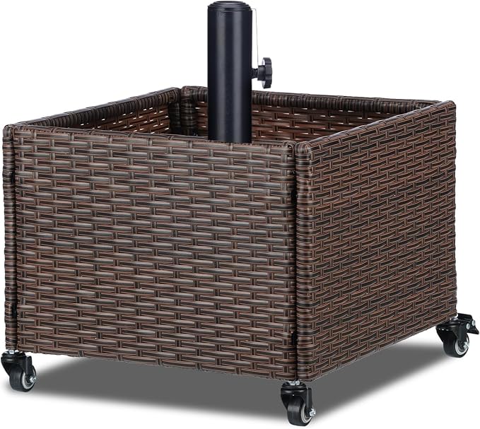 SUNNYPARK Umbrella Base with Wheels and Fillable Planter 2 in 1 | 120lbs Capacity, Heavy Duty, Hand Woven Rattan Style, Portable Decorative Umbrella Stand for Garden Backyard Deck Poolside