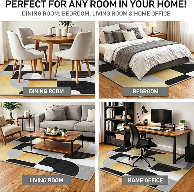 5x7 Black and Gold Geometric Modern Area Rug for Living Room Bedroom Abstract Large Rug Machine Washable Non-Slip Carpet for Dining Room Office