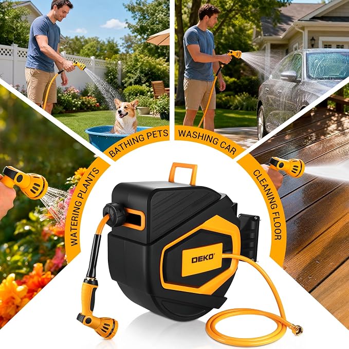 Retractable Garden Hose Reel:100 ft x 1/2 inch, Garden Hose Reel with 9-Pattern Nozzle, 180°Swivel Bracket Wall-Mounted, Automatic Rewind, Lock at Any Length, with Slow Return System