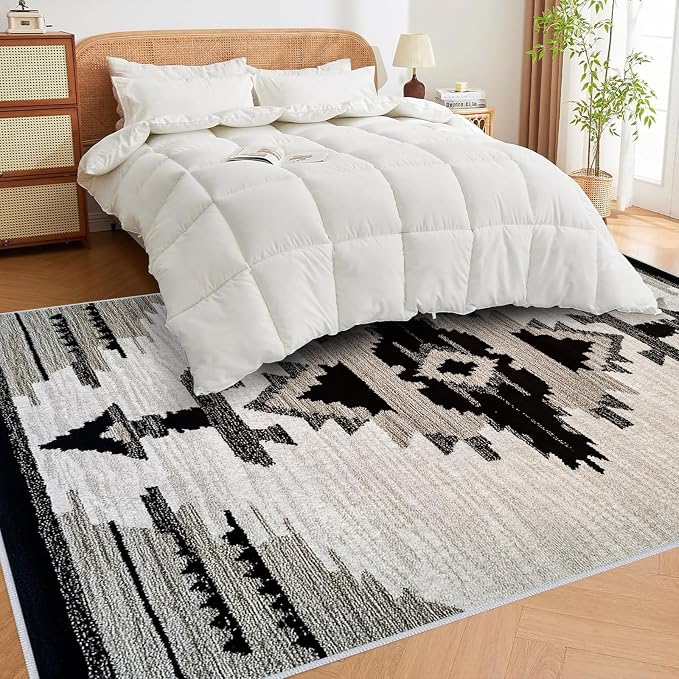 Western Area Rug Southwestern Aztec Washable 6x9 Rugs for Living Room Bedroom Tribal Black Gray Beige Non-Slip Soft Floor Large Carpet for Office Entryway Bathroom