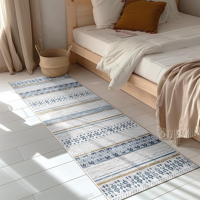 2x8 Washable Area Rugs for Living Room Boho Runner Rug Blue/Brown | Vacuum Friendly, Machine Washable, Non-Slip Rug, Stain Resistant, Moroccan Geometric, Low Pile Carpet, Hallway Kitchen