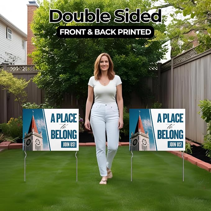 A Place to Belong - Join Us! Yard Sign by DC | 24"x18" Double Sided Church Garden Sign with 13” Metal Stakes | Outdoor Signs Waterproof for Lawn, Patio, Sidewalk & House | Set of 1 | Made in USA