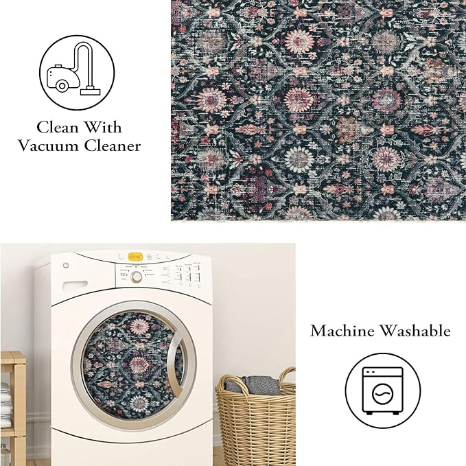 Lahome Moroccan Trellis Washable Rug, 2x3 Entryway Rugs for Kitchen Bathroom, Non-Slip Indoor Door Mat Ultra-Thin, Small Oriental Throw Carpet for Bedroom Entry Elise, Black/Multi