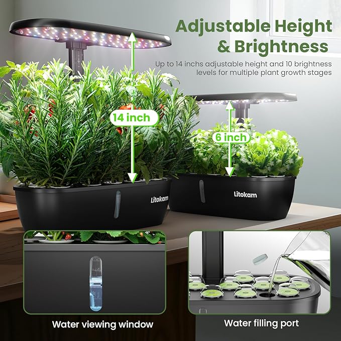 litokam Hydroponics Growing System Kit, 15 Pods Indoor Herb Garden with Smart APP & Quiet Pump, 24W LED Light, Auto Timer, Perfect Indoor Garden for Herbs, Vegetables & Flowers, Ideal for Plant Lovers