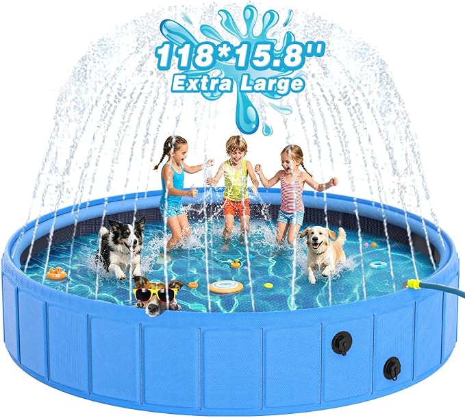 EPN Foldable Dog Pool with Sprinkler, Large Non-Slip PVC Pet Bath, 118 Inch | Large Outdoor Sprinkler Play Mat for Kids Ages 4–8, Ideal for Backyard Lawns, Gardens, Beach Trips and Summer Water Play