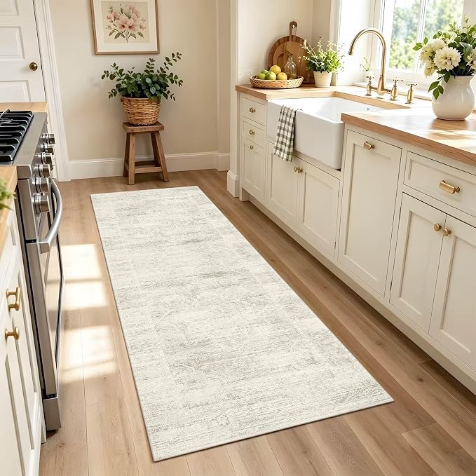 Latte&Fog Washable Hallway Runner Rug 2x6 Non Slip Ivory Rugs for Kitchen | Neutral Low Pile Soft Throw Rug Doormat for Entrance Bathroom Laundry Bedside Bedroom Nursery Playroom Hallyway Dorm Office