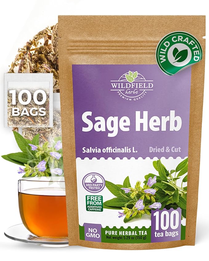 100 Bags Dried Sage Herb Herbs Tea (Salvia officinalis) - 100 count Tea Bags Sage Herbal Tea