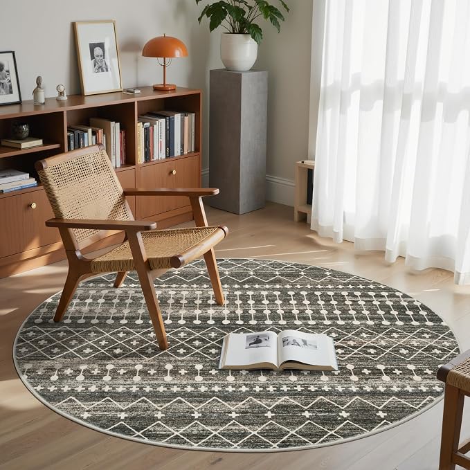 Miukiki Round Rugs 8ft Washable Moroccan Circle Rug for Living Room Black | Non Slip Indoor Floor Carpet Foldable Area Rug for Dining Room with Low Pile 8ft