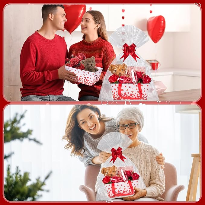 Qinyoung 12 Pack Valentine's Day Baskets for Gifts Empty Love Heart Gift Basket with Handles, Pull Bows, Cellophane Bags and Twist Ties for Valentine Party Favor Supplies, 9.8 x 6.5 Inch