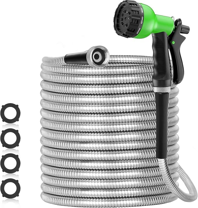 SPECILITE 150ft 304 Stainless Steel Garden Hose Metal, Heavy Duty Water Pipe with Nozzles for Yard, Outdoor - Flexible, Never Kink & Tangle, Puncture Resistant (Sliver)