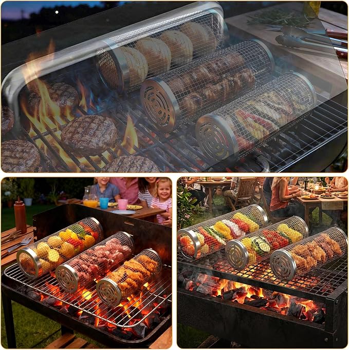 3 Pcs Rolling Grill Baskets for Outdoor Grill Accessories, BBQ Grilling Basket for Vegetables Shrimp Kebob, Outdoor Cooking Camping, Birthday Gifts for Men Dad Husband