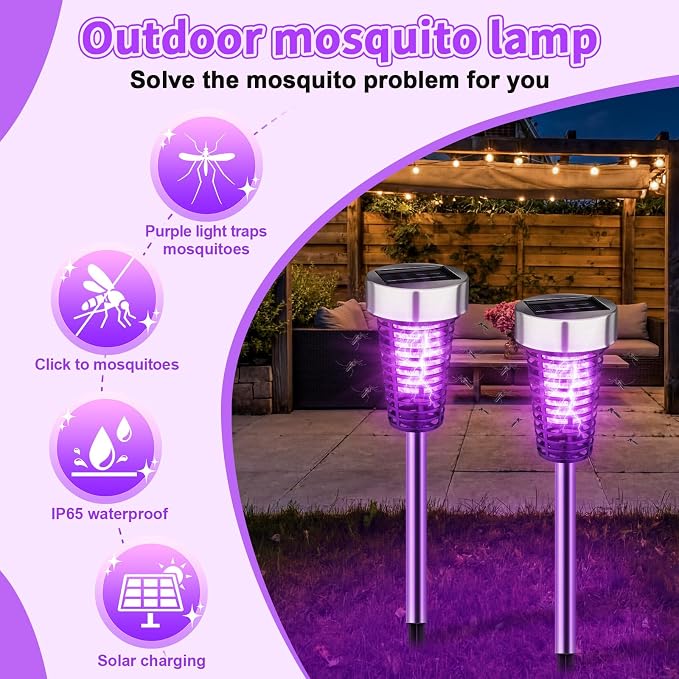 Qualirey 12 Pack Solar Bug Zapper Outdoor Waterproof Mosquito Repellent Killer Bug Zapper Lamp with LED Light for Outdoor Garden Patio Yard (Purple and Colorful Light,Silver)