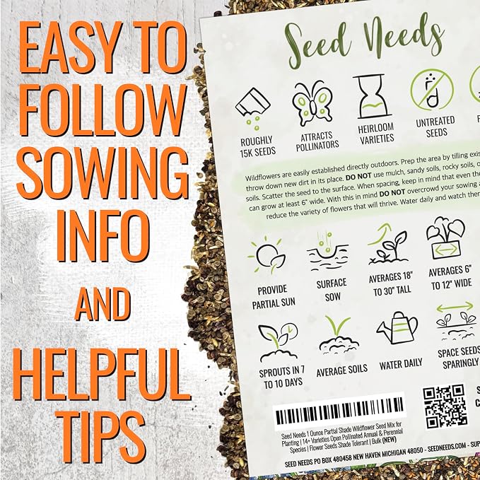 Seed Needs Wildflower Seeds Partial Shade Mix 1 Ounce Heirloom Bulk Pack