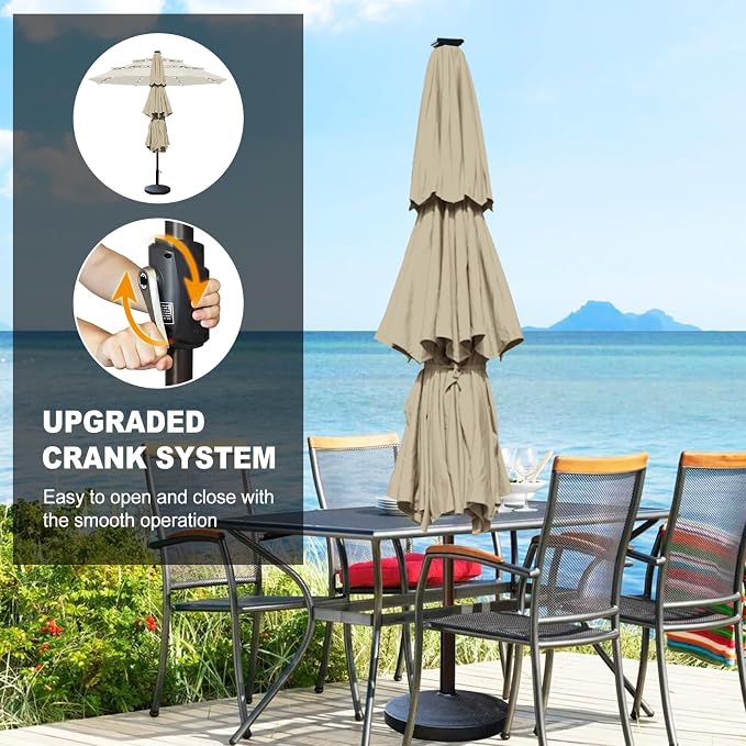 Eurmax USA 10-Year-Non-Fading 10FT 3-Tier Outdoor Patio Market Umbrella with LED Lights,UPF50+ UV Resistant,Commercial Grade,Crank Lift Design,Windproof Vented Top for Garden,Pool,Deck,Antique Beige