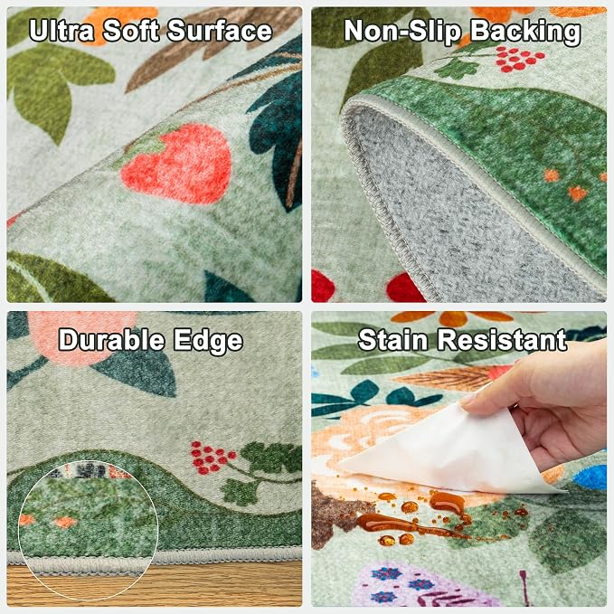 PLHXFR 8x10 Area Rug Living Room: Floral Washable Boho Soft Carpet Green | For Bedroom Dining Room Farmhouse Nursery Hallway,Vintage Floral,Machine washable,Non Slip,Stain Resistant,Large Indoor