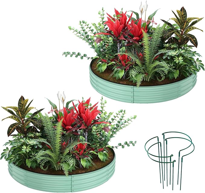 ZFHgarden Galvanized Metal Planter Round Raised Garden Bed Kit for Gardening Outdoor，3x3x1ft 2PC Grow Garden Box Raised Flower Bed，Round Galvanized Planter Outdoor Large Metal Fire Pit Ring Green