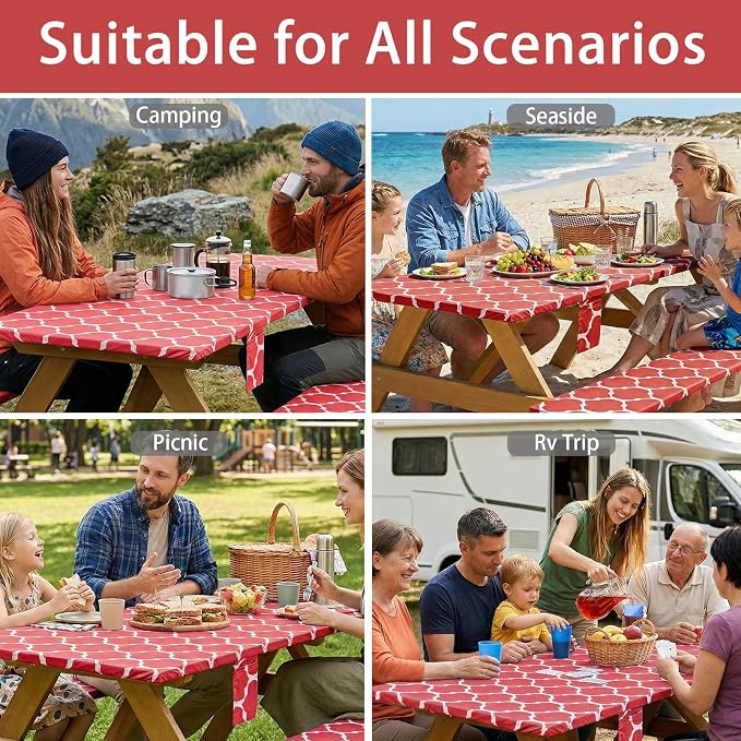 Fitted Waterproof Picnic Table Cover with Bench Covers Elastic Heat Resistant Outdoor Camping Tablecloth for 6 Foot Dinning Rectangle Tables Summer Rv Patio Garden Road Trip Essential Gift