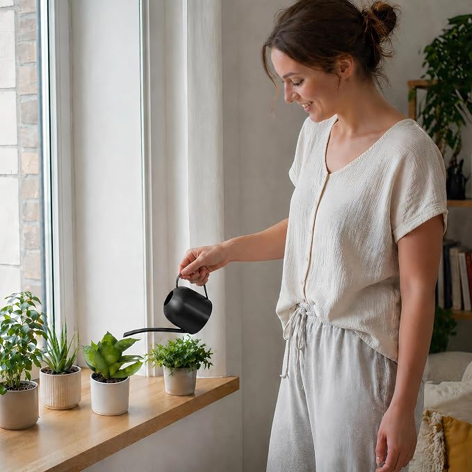 IMEEA Small Watering Can for Indoor Plants Stainless Steel Watering Can with Long Spout 15oz/450ml, (Black)