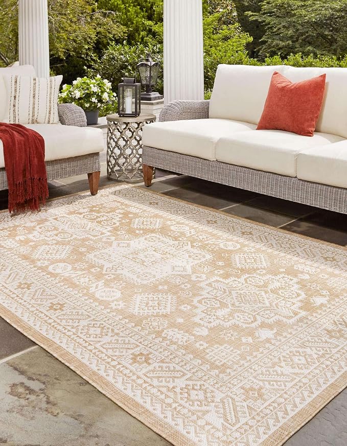 Unique Loom Outdoor Aztec Collection Area Rug - Chalca (7' 1" x 10' Rectangle, Natural/ Ivory)