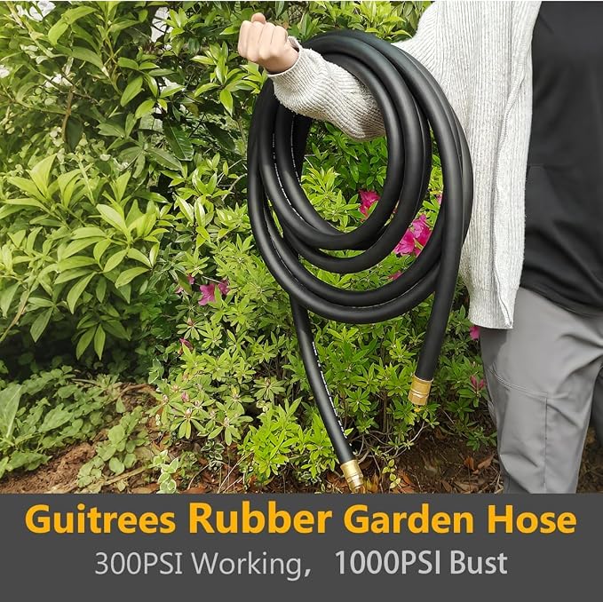 Guitrees 50FT ×1 inch Heavy Duty Rubber Garden Hose - 200psi Working, 1000psi Burst - Hot/Cold Water - Five-Layered Braiding for Durability - Versatile for Gardening, Agriculture, Construction(Black)